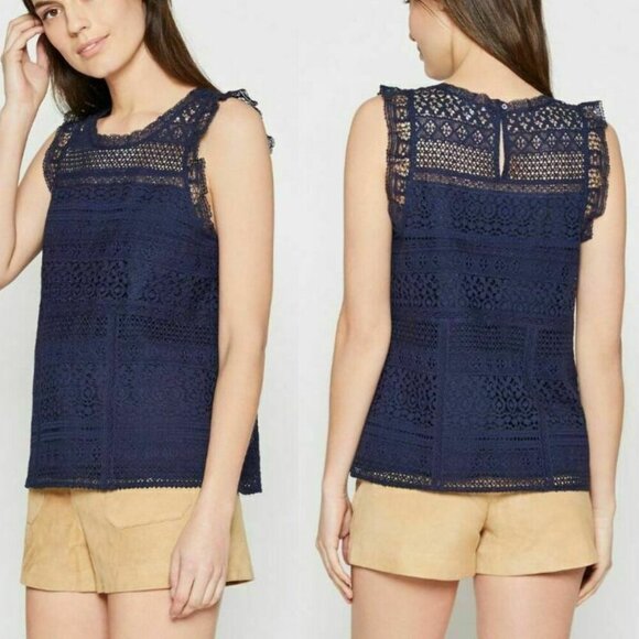 Joie Blouse Womens Large Blue Sleeveless Round Neck Cotton Lace Ruffle Lupe - Picture 3 of 8